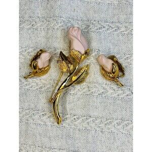 Vintage Avon pink rose brooch earrings clip long stem gold stem